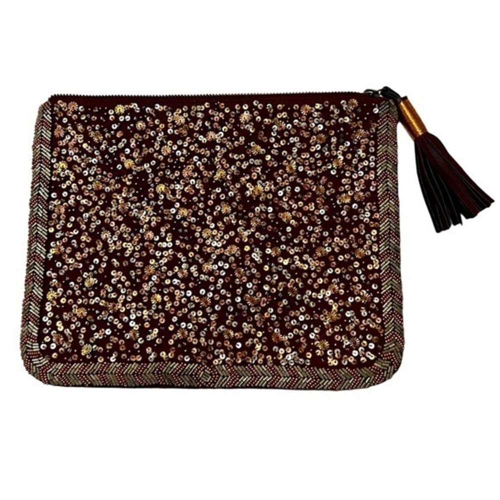 Beautiful sequined beaded zipper case, copper & silver on burgundy cotton